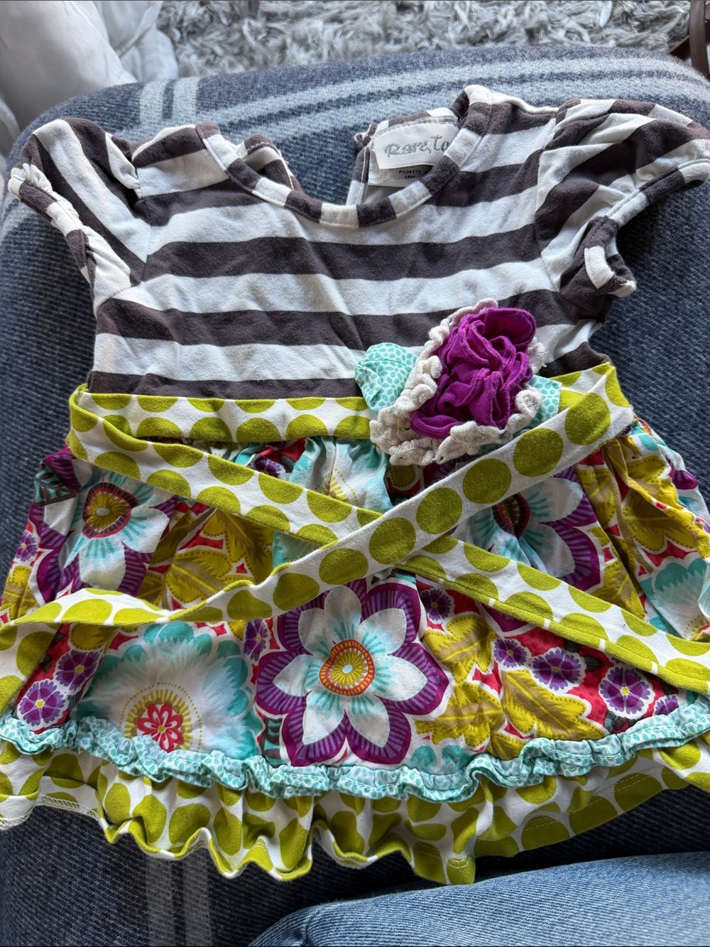 Rare, too! Brown & White Striped Floral Ruffle Dress with Lime Accents 18M